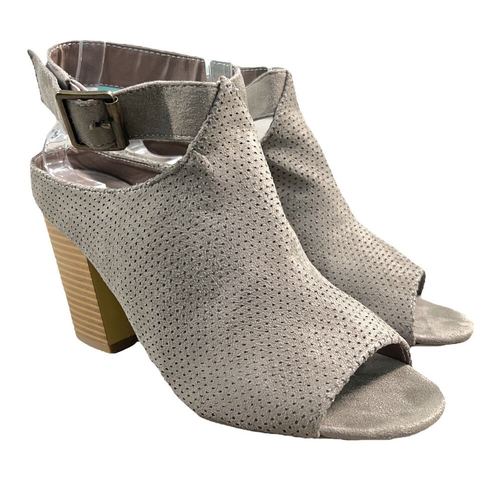 Nature Breeze Gray Perforated Peep Toe Booties Chunky Heel Ankle Boots 8.5